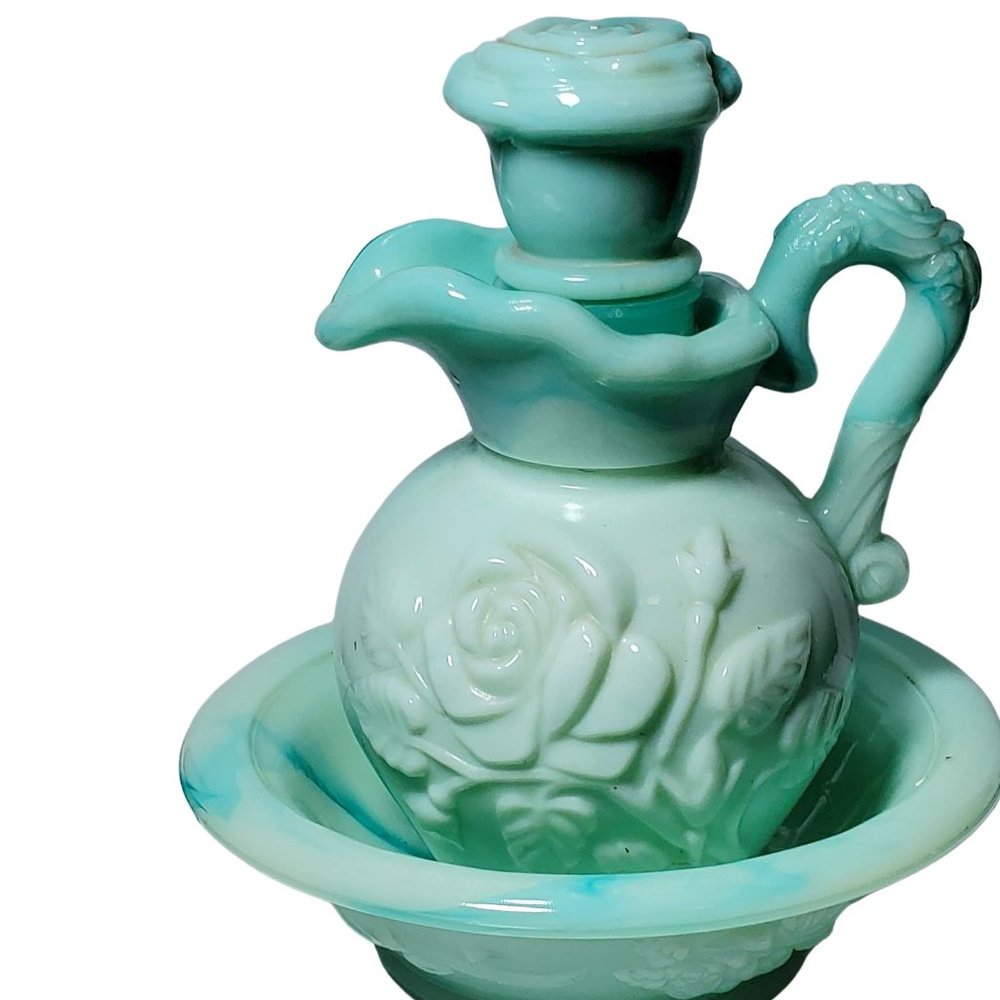 Vintage Avon Green Jade Glass Pitcher Set
